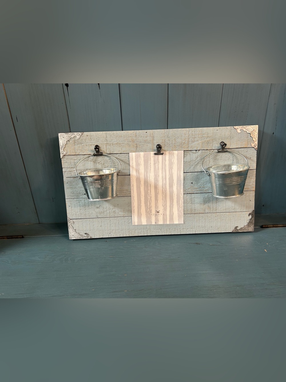 Rustic Wood Wall Organizer with Galvanized Buckets - Blue/Silver